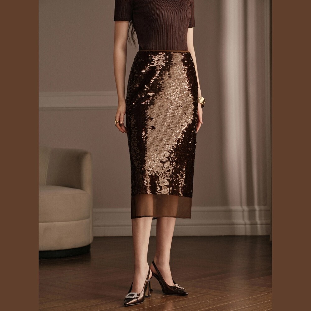 Bronze Brown Sequin Midi Skirt with Sheer Mesh Hem
